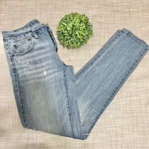 American Eagle retro (2013) button fly stretch Boy Jeans, destroyed knee, long